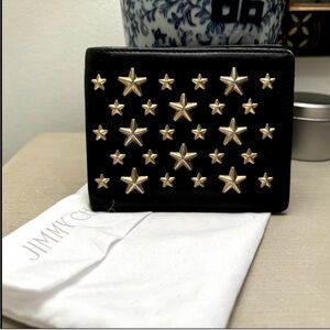 Unisex JIMMY CHOO Star Studded Embossed Leather Fold Wallet Black/Gold